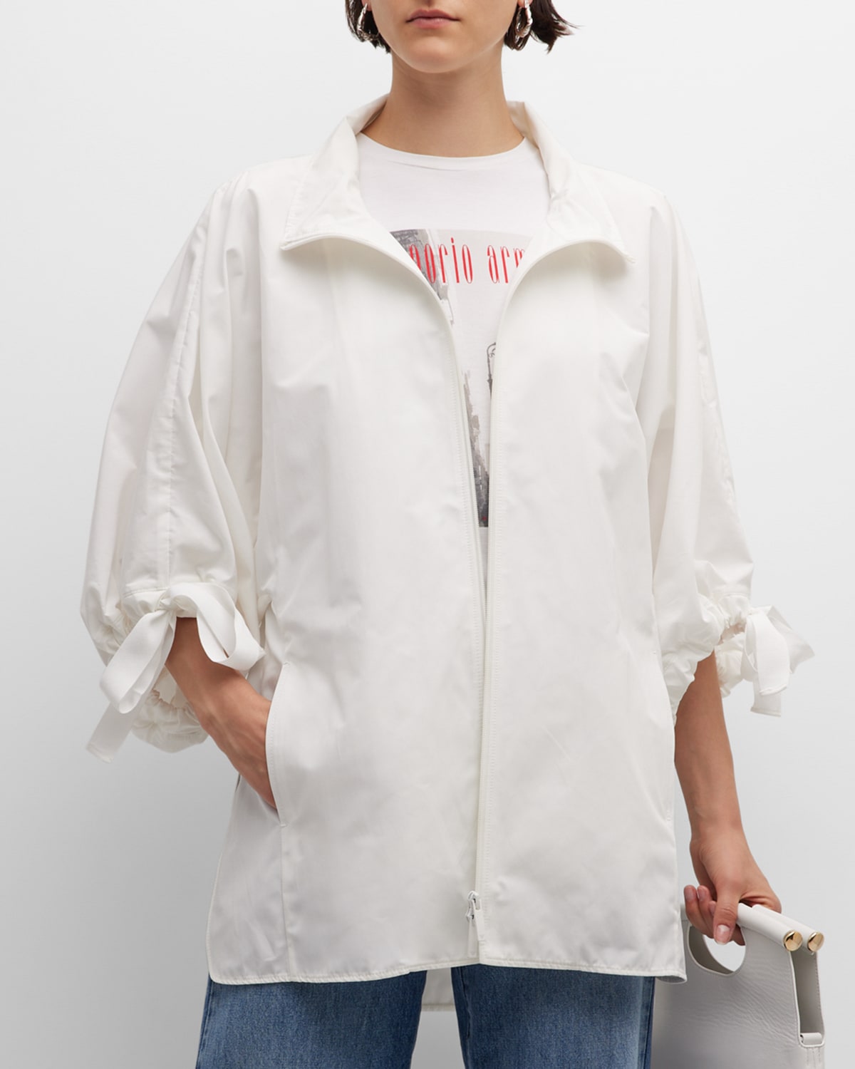 Emporio Armani Blouson-sleeve Techno Cotton Windbreaker In White