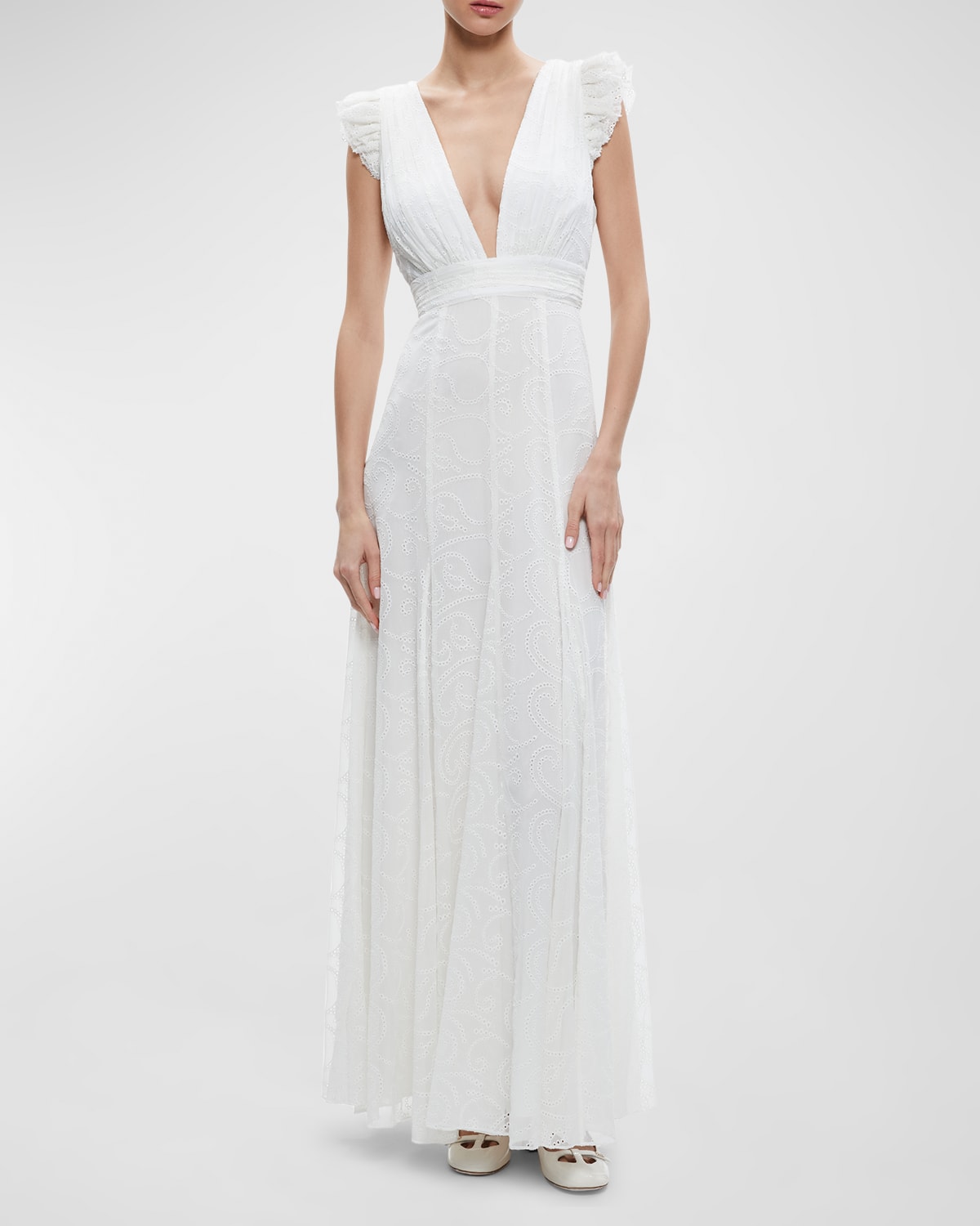 Shop Alice And Olivia Vanna V-neck Ruffle-sleeve Maxi Dress In White