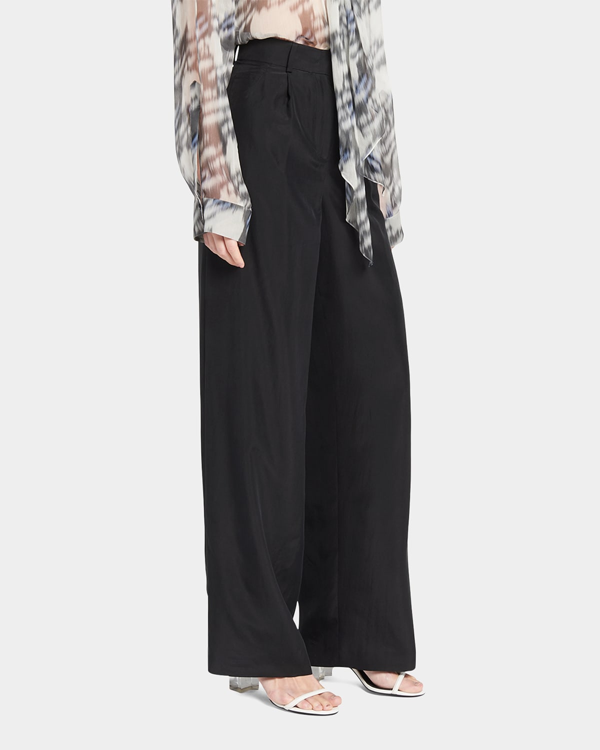 Giorgio Armani Washed Silk Wide-leg Relaxed Trouser Pants In Solid Black