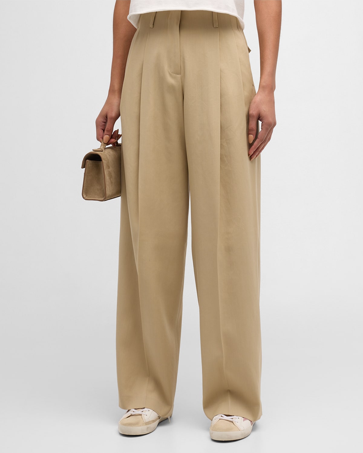 Shop Golden Goose Pleated Wide-leg Wool Pants In Sand