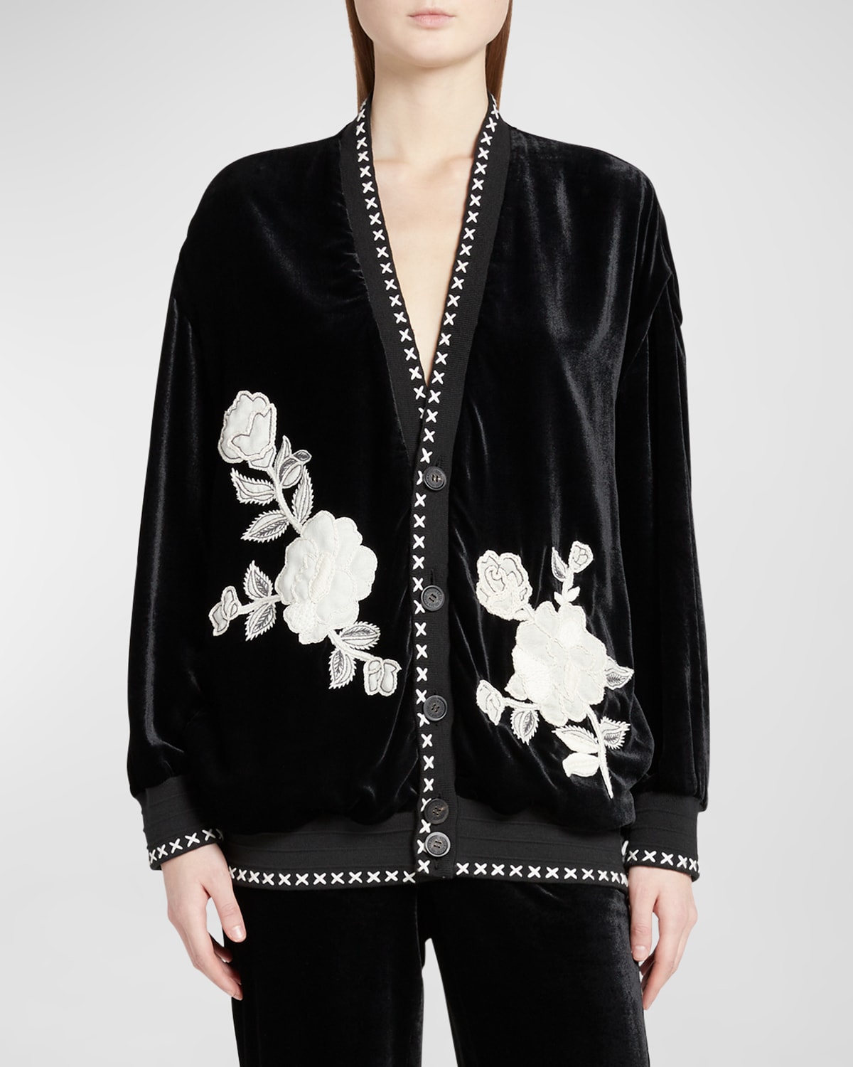Velvet Embroidered Button-Front Jacket