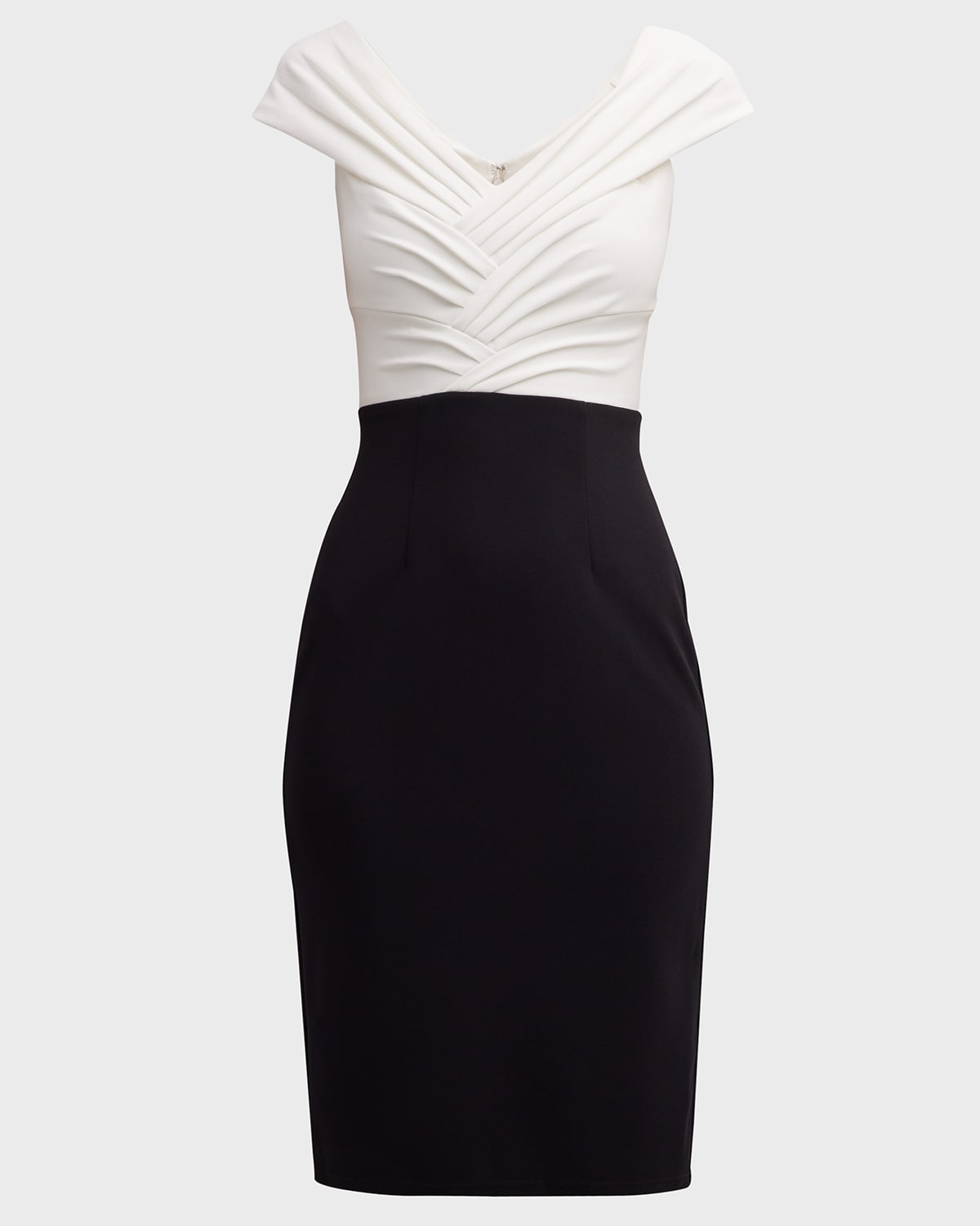 Tadashi Shoji Pleated Two-tone Crepe Midi Dress In Ivory Black