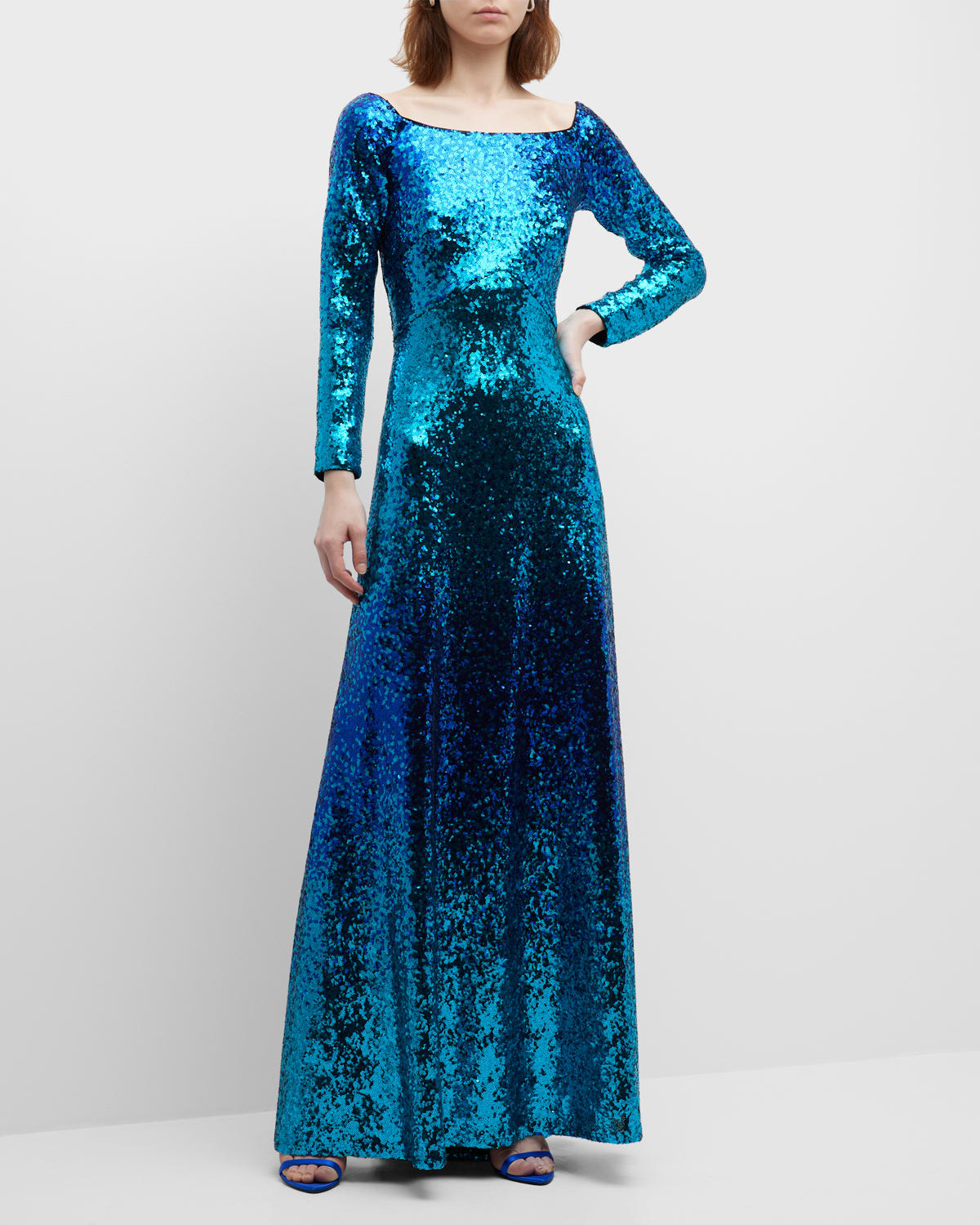 Shop Tadashi Shoji Long-sleeve Sequin A-line Gown In Mystic Blue Ombre