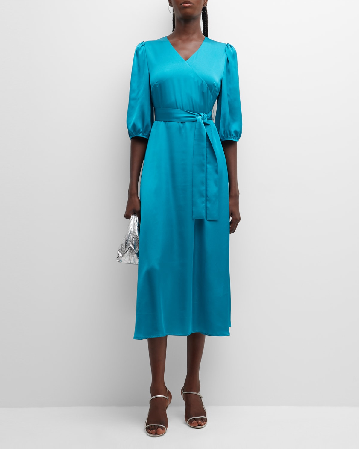 Woven Tie-Waist Blouson-Sleeve Midi Dress