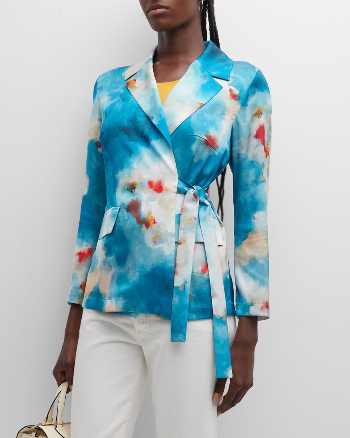 Watercolor-Print Side-Tie Crepe Jacket