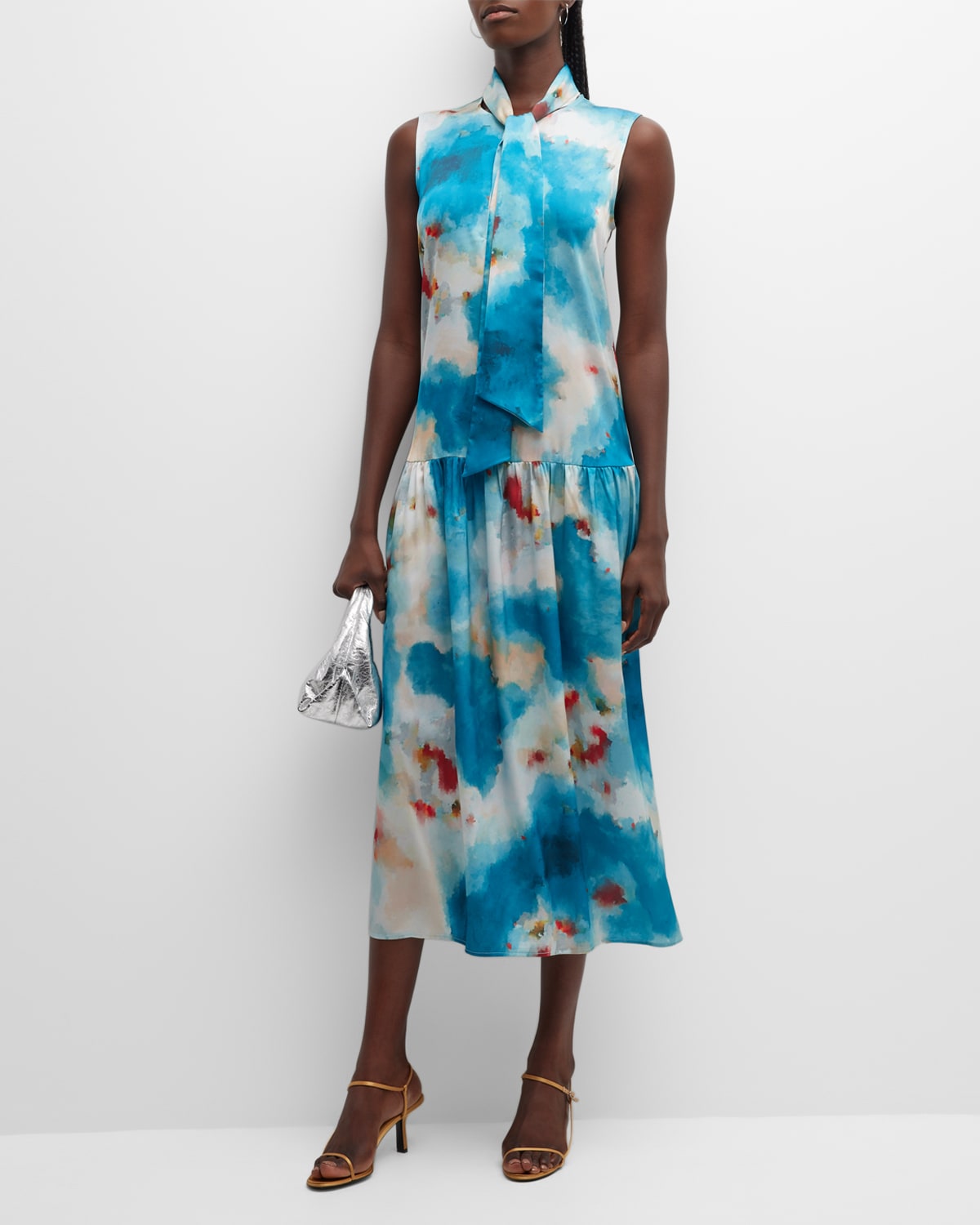 Watercolor-Print Tie-Neck Crepe Midi Dress