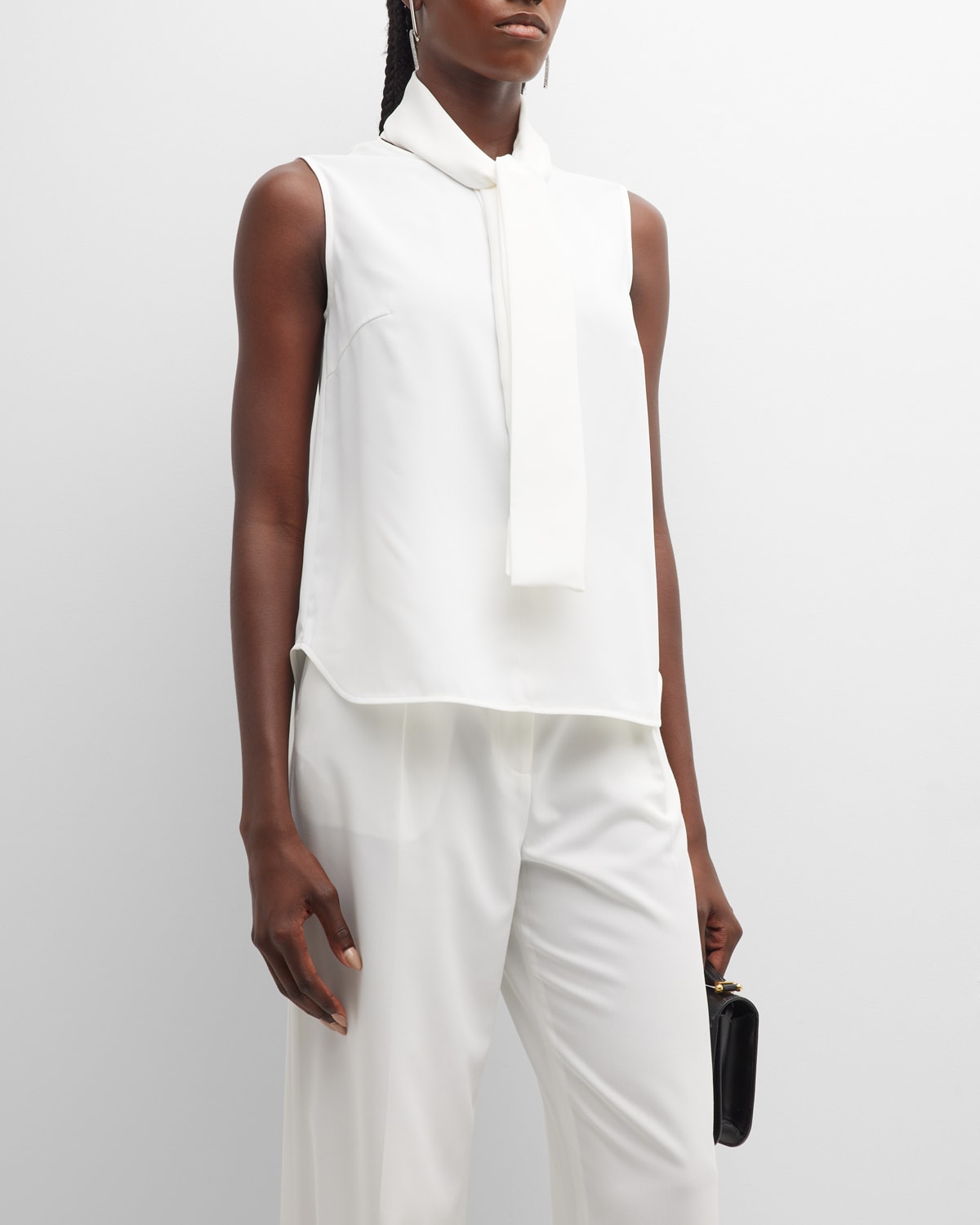 Misook Tie-neck Sleeveless Button Down Blouse In White