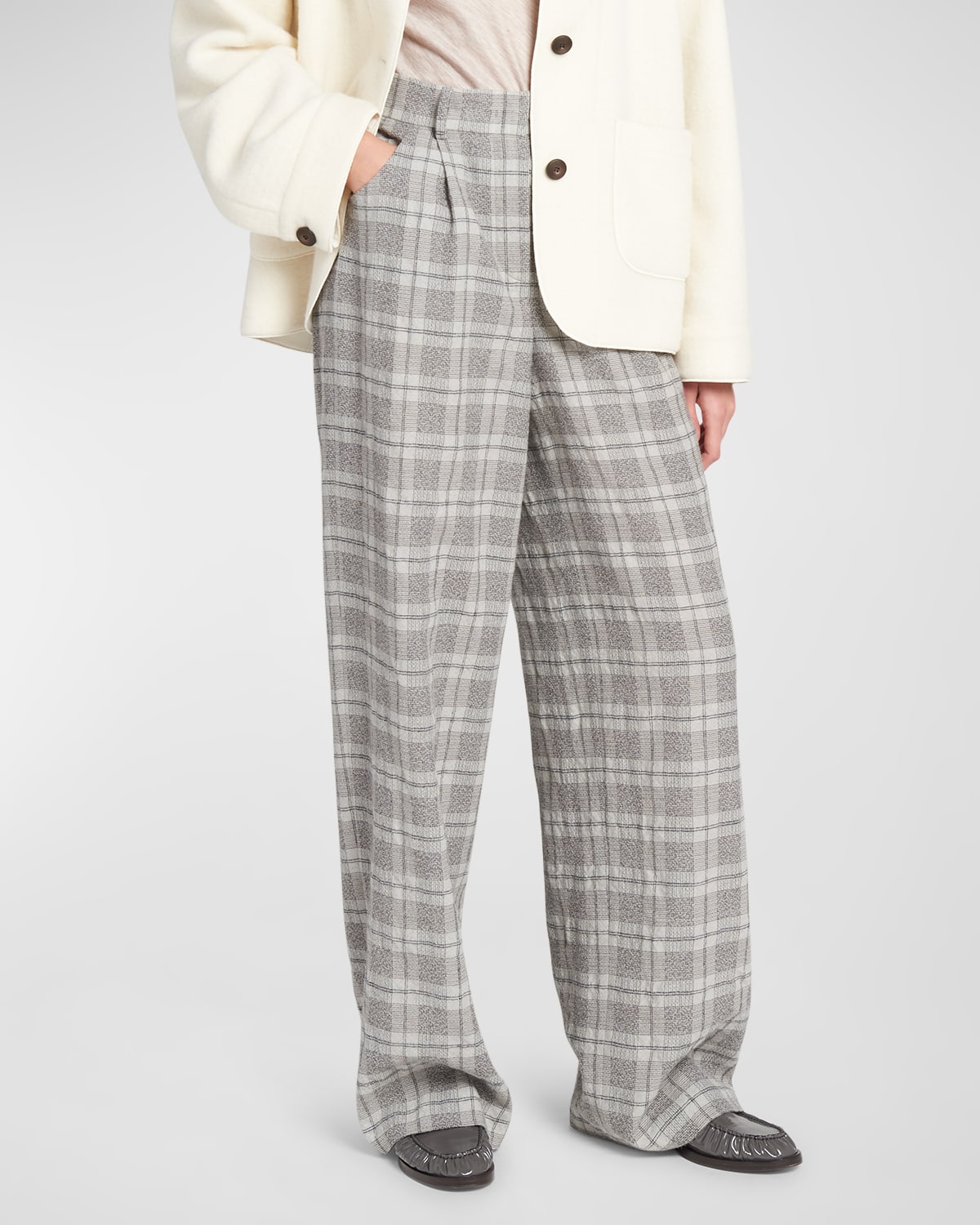 Giorgio Armani Washed Wool Check Print Relaxed Trouser Pants In Multicolor