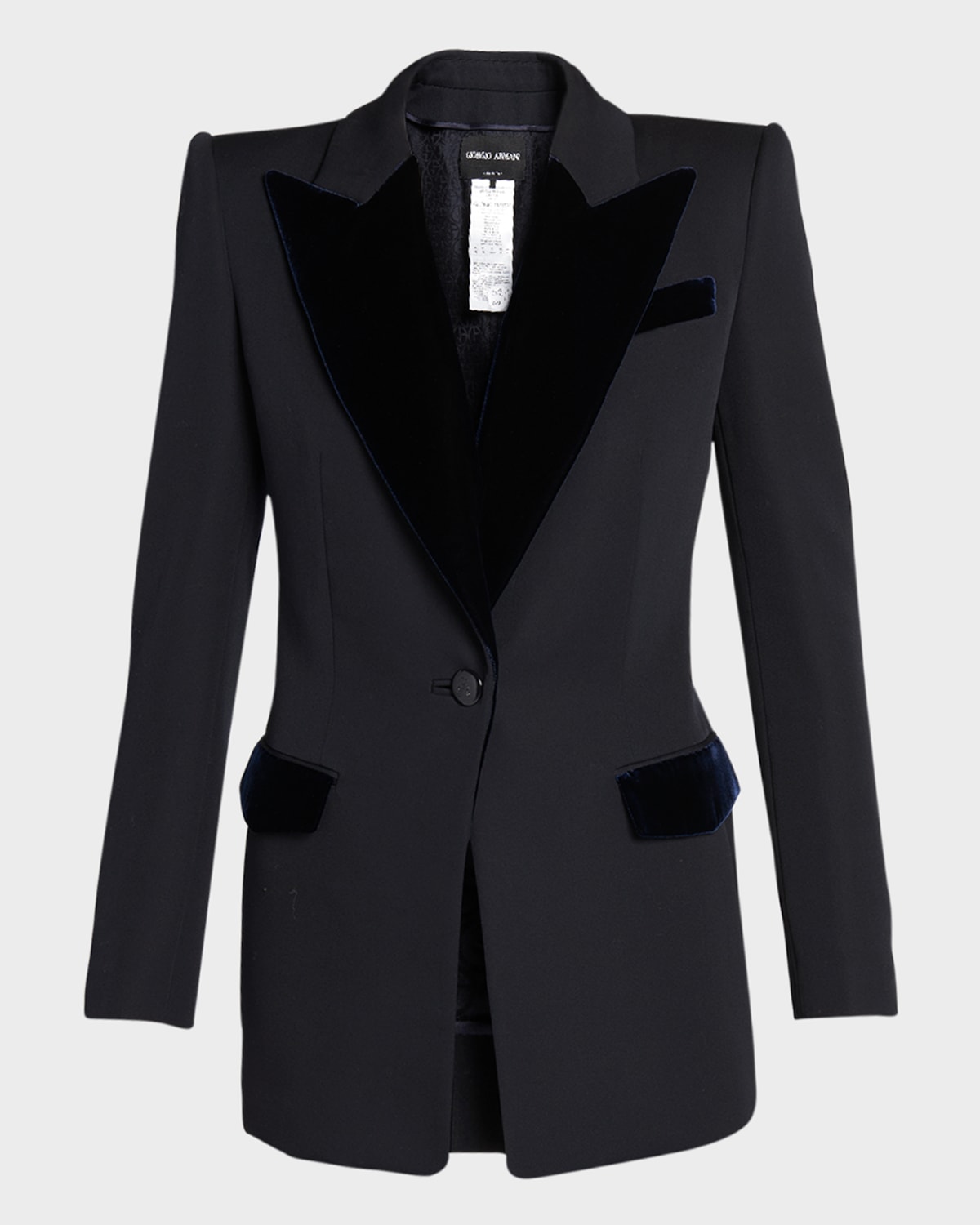 Shop Giorgio Armani Virgin Wool Tuxedo Jacket With Velvet Details In Navy