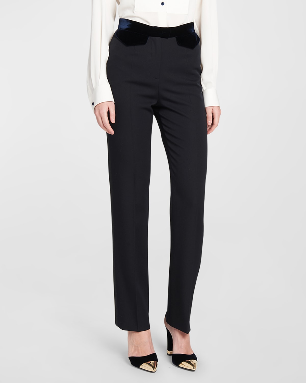 Shop Giorgio Armani Wool Tuxedo Pants With Velvet Details In Navy
