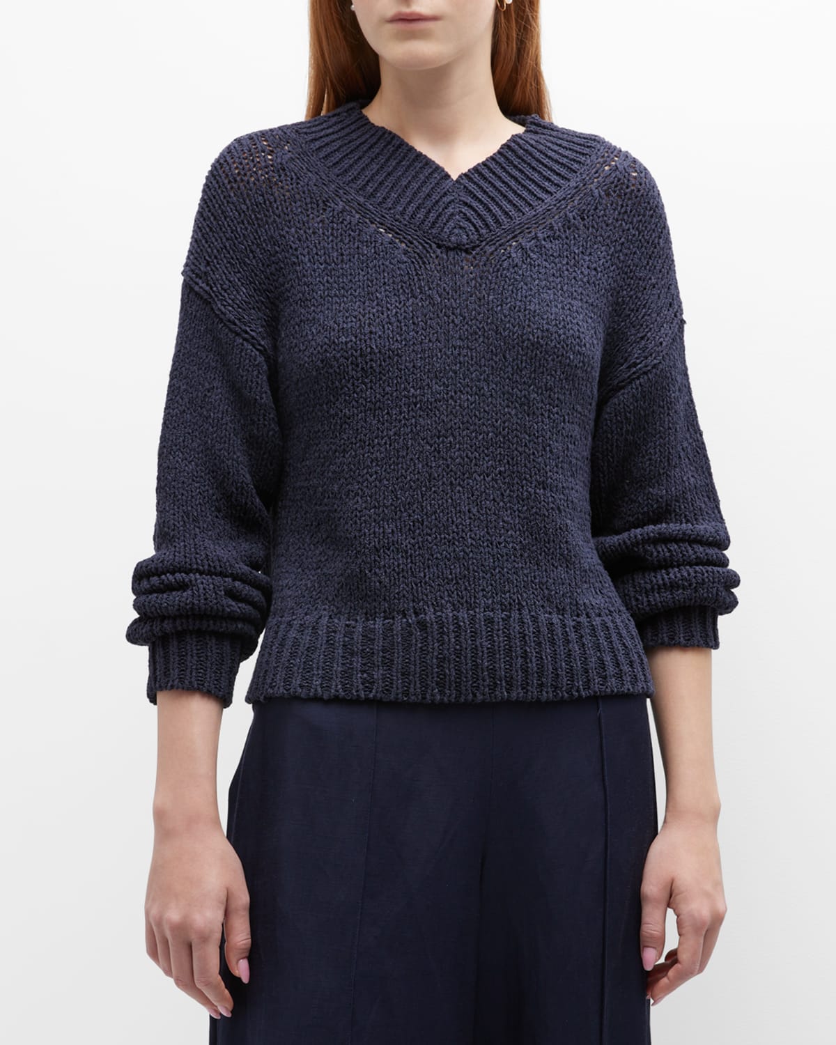 Vince Drop-shoulder V-neck Sweater In Navy