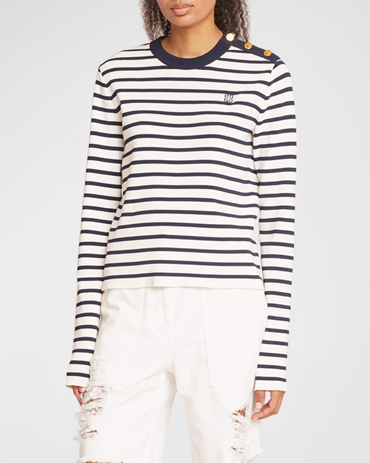 Givenchy Striped Sailor Sweater With Shoulder Buttons In White/navy