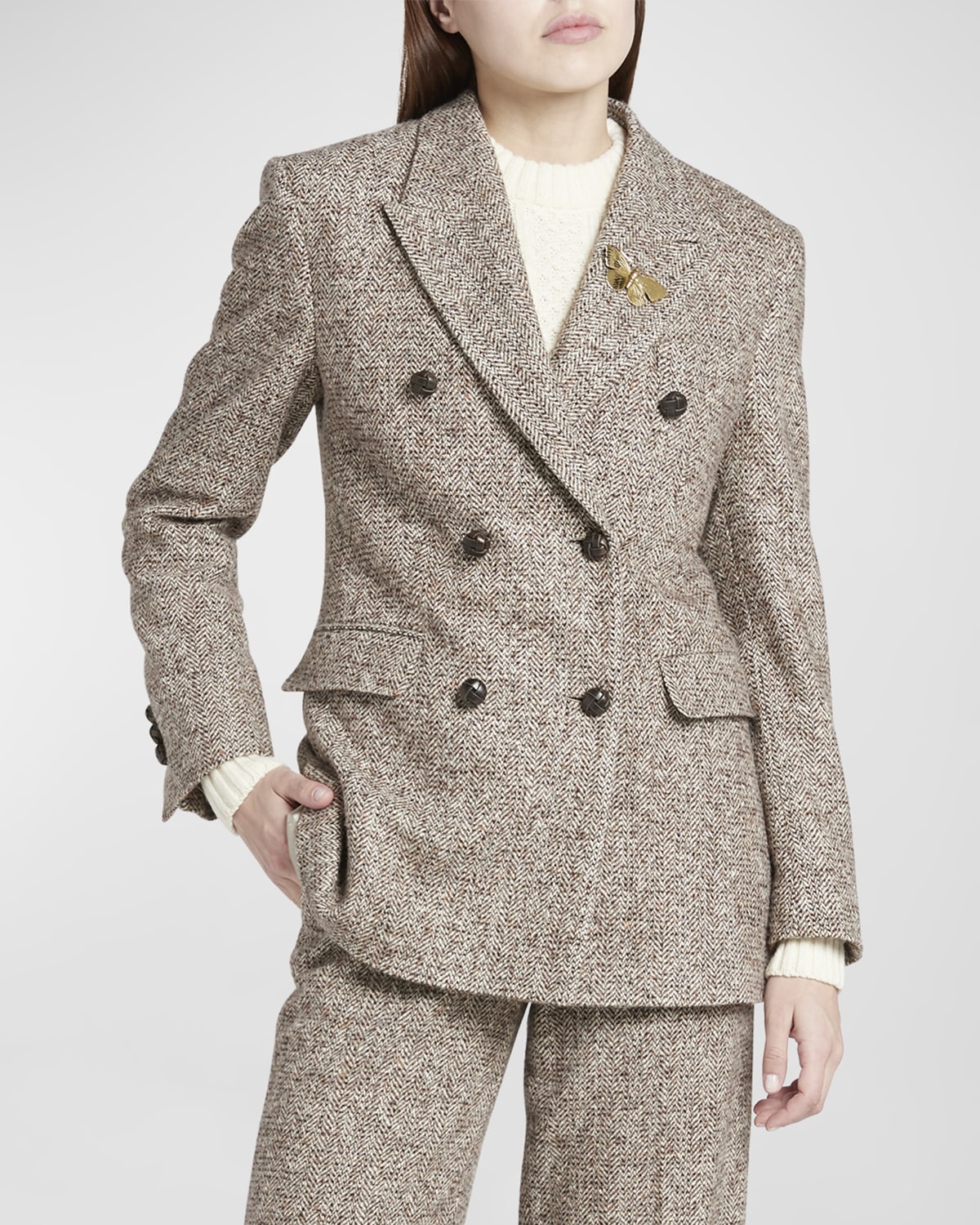 Golden Goose Herringbone Double-breasted Blazer In Beigebrownbluette