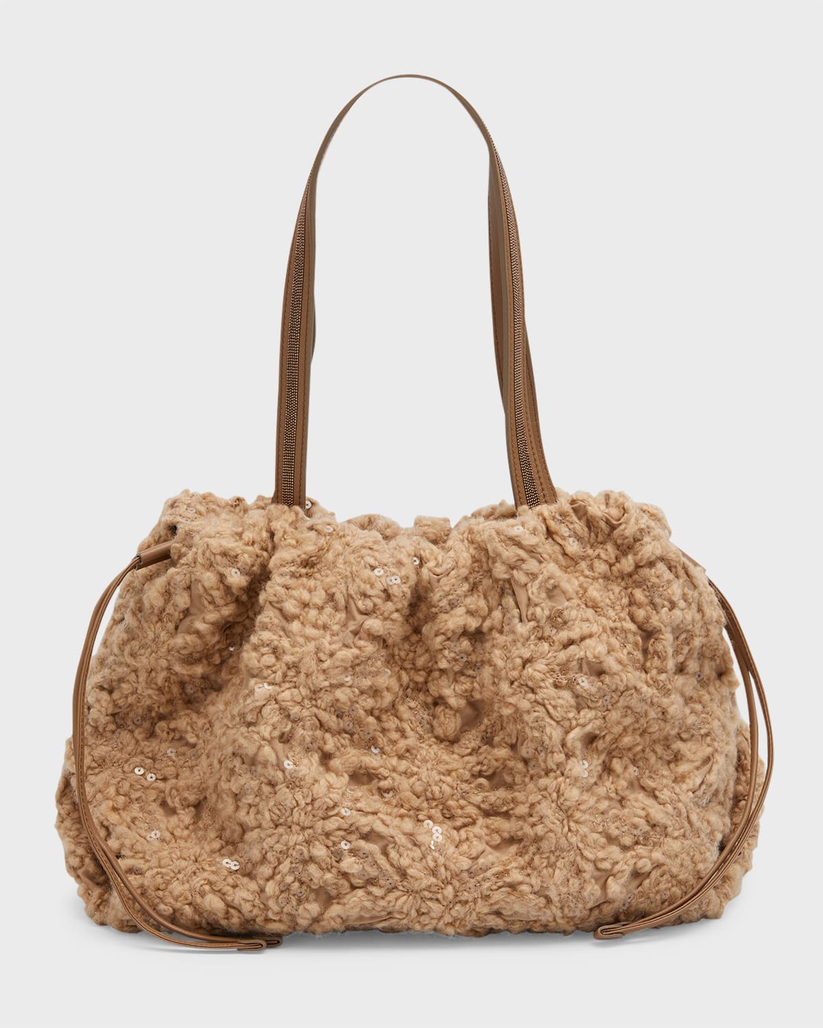 Brunello Cucinelli Large Embroidered Wool Tote Bag In Camel
