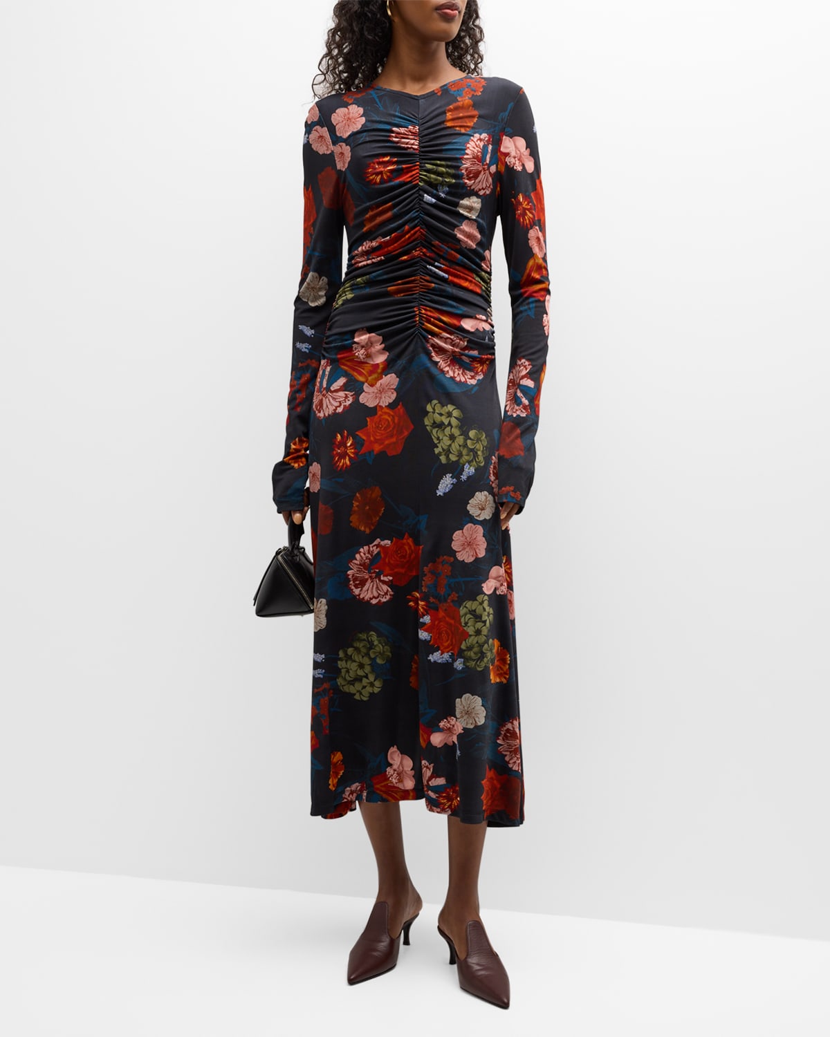 Maisy Long-Sleeve Floral Ruched Midi Dress
