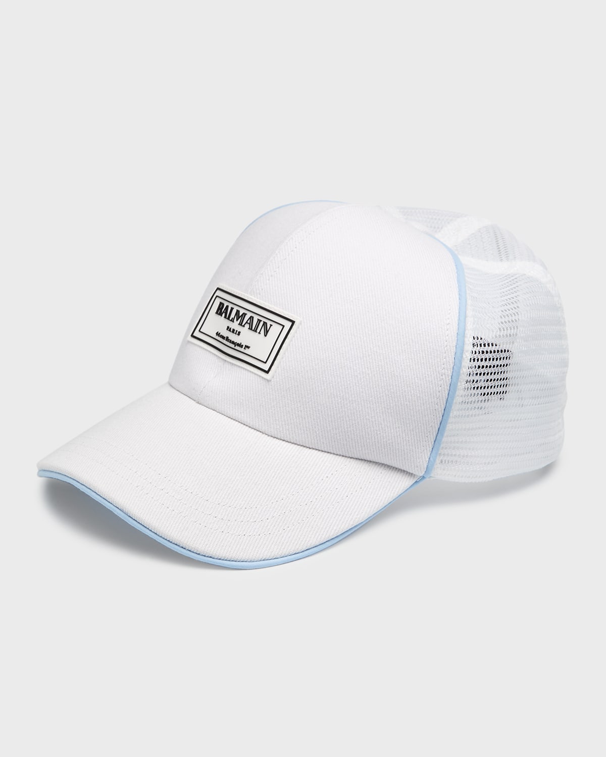 Balmain Men's Mesh Back Rubber Label Baseball Hat In White/lt Blue