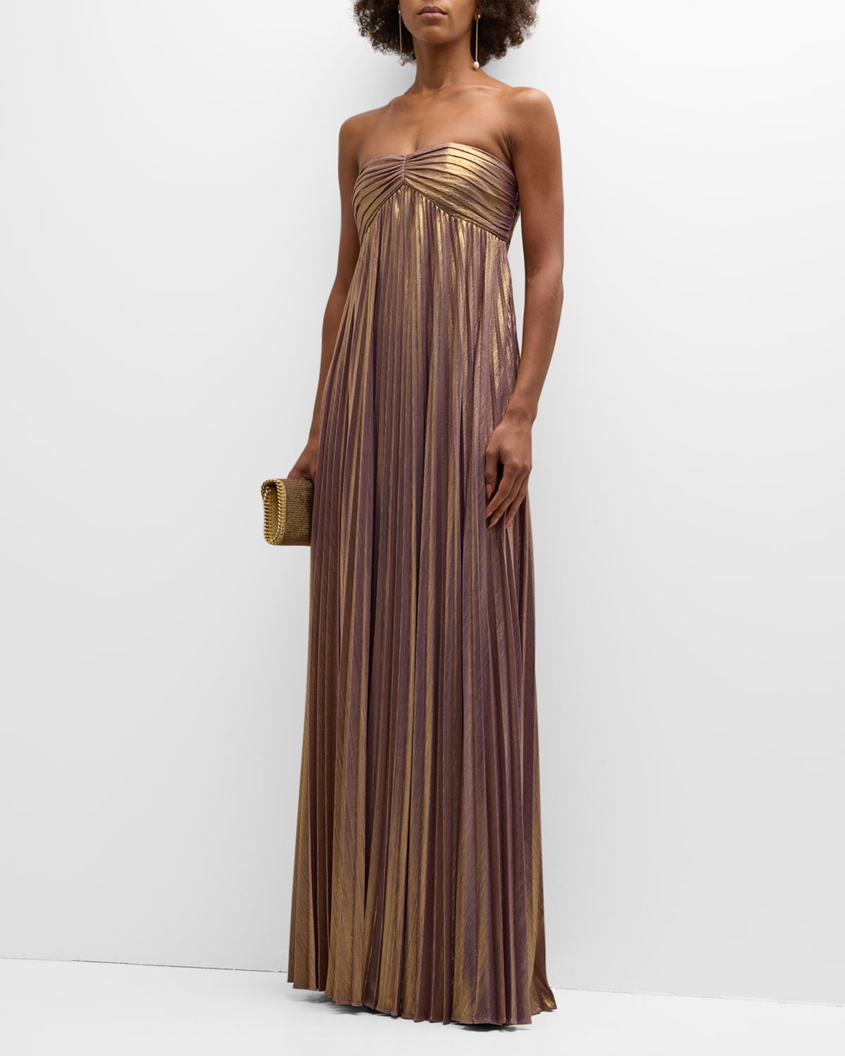 Shop Retroféte Lyanna Pleated Lamé Strapless Empire Dress In Purplegold