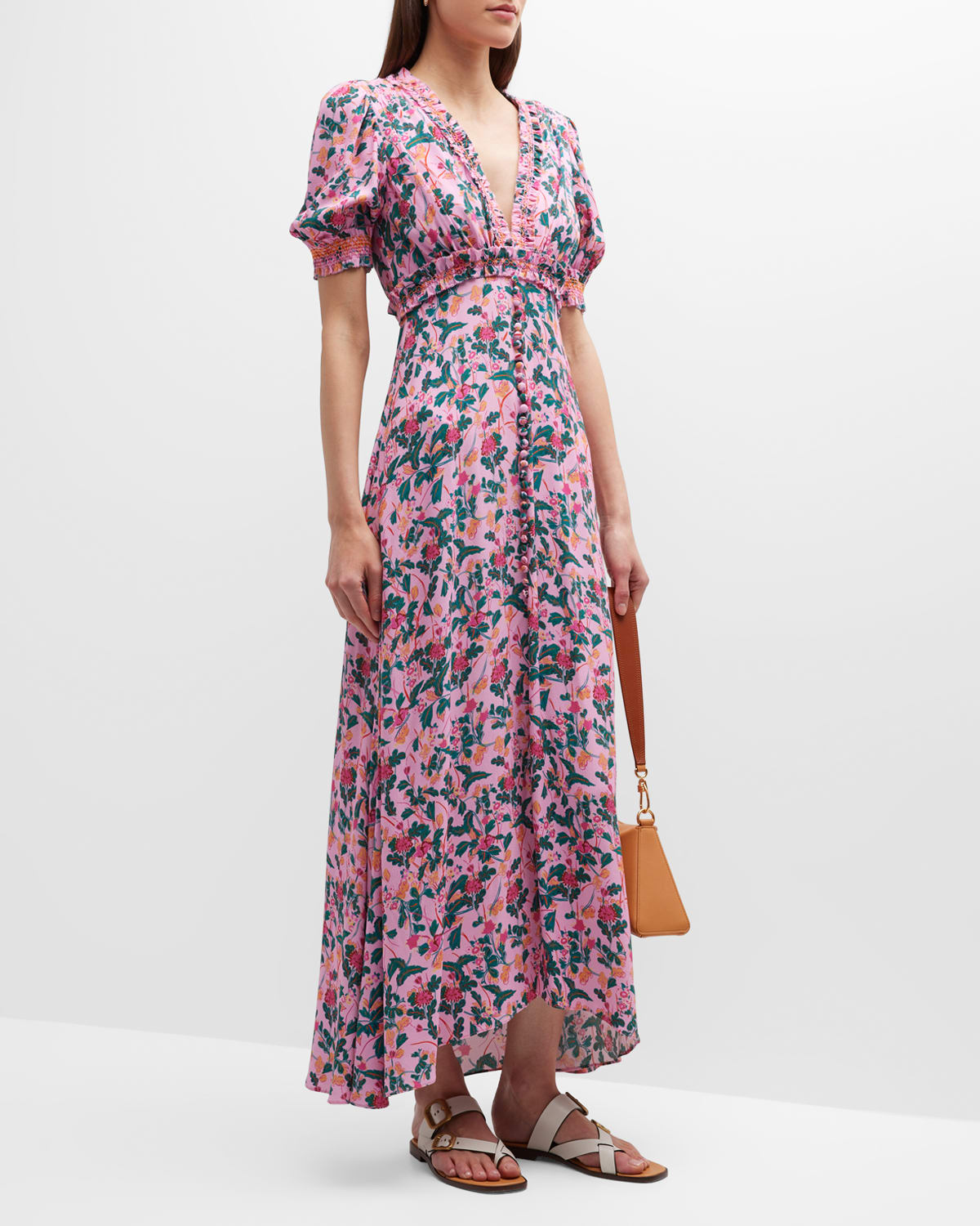 Lea Smocked Puff-Sleeve Long Floral Dress