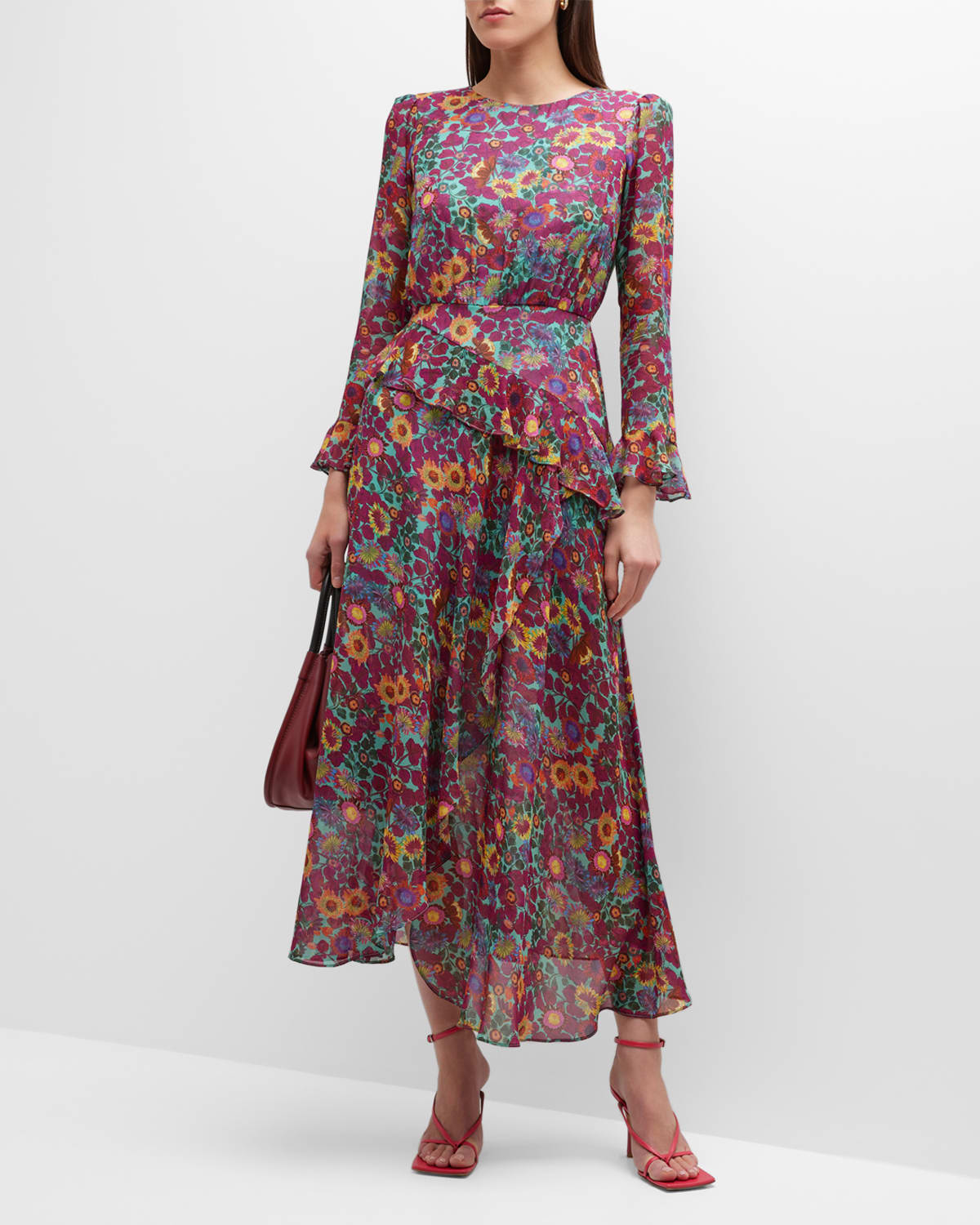 Jolene Floral Silk Long Ruffle Dress