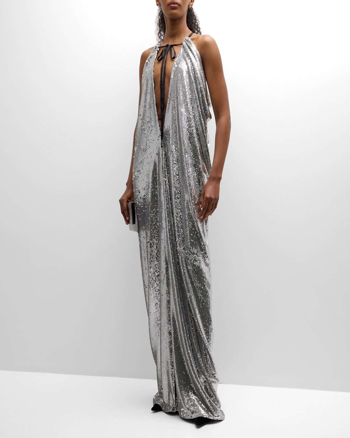 Philosophy Di Lorenzo Serafini Sequin Plunge-neck Draped Maxi Dress In Nickel