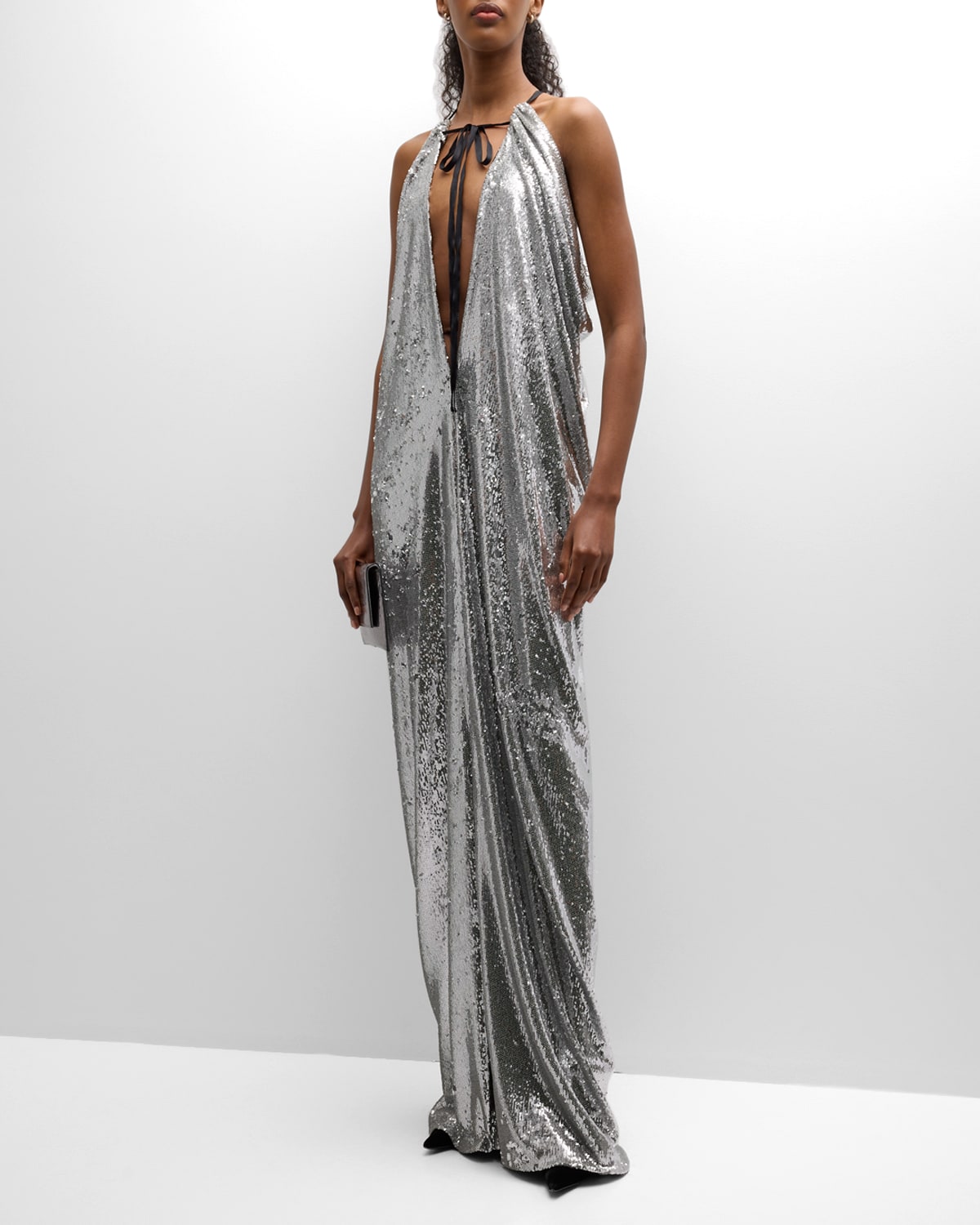 PHILOSOPHY DI LORENZO SERAFINI SEQUIN PLUNGE-NECK DRAPED MAXI DRESS