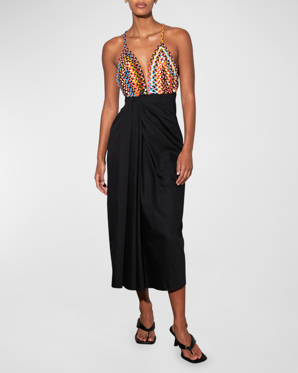 Jutta Braided-Bodice Crossback Midi Faux-Wrap Cotton Dress