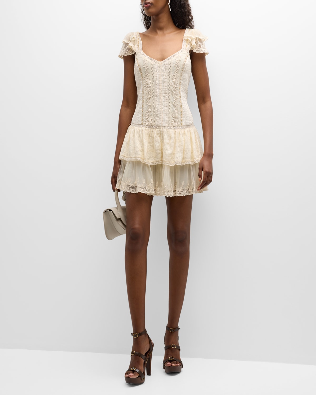 Loveshackfancy Rowley Flutter-sleeve Tiered Lace Mini Dress In Cream |  ModeSens