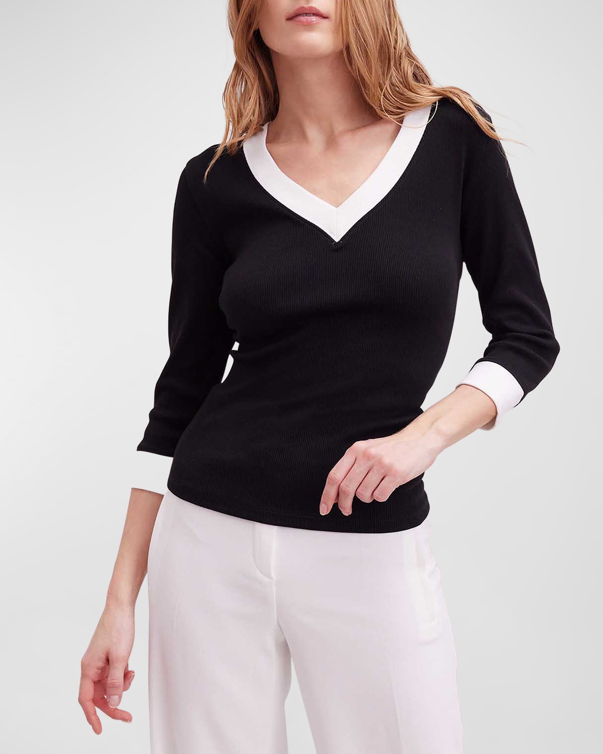 Anne Fontaine Sol Ribbed Two-tone 3/4-sleeve Sweater In Black
