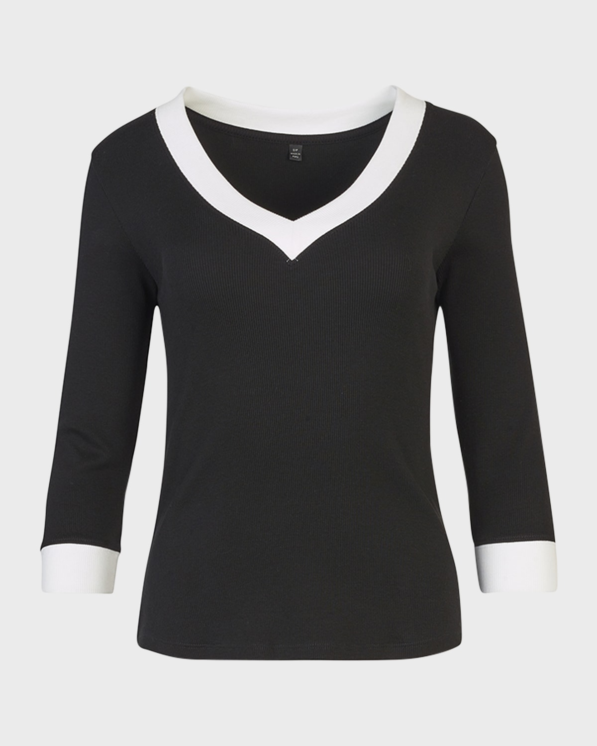 Anne Fontaine Sol Ribbed Two-tone 3/4-sleeve Sweater In Black