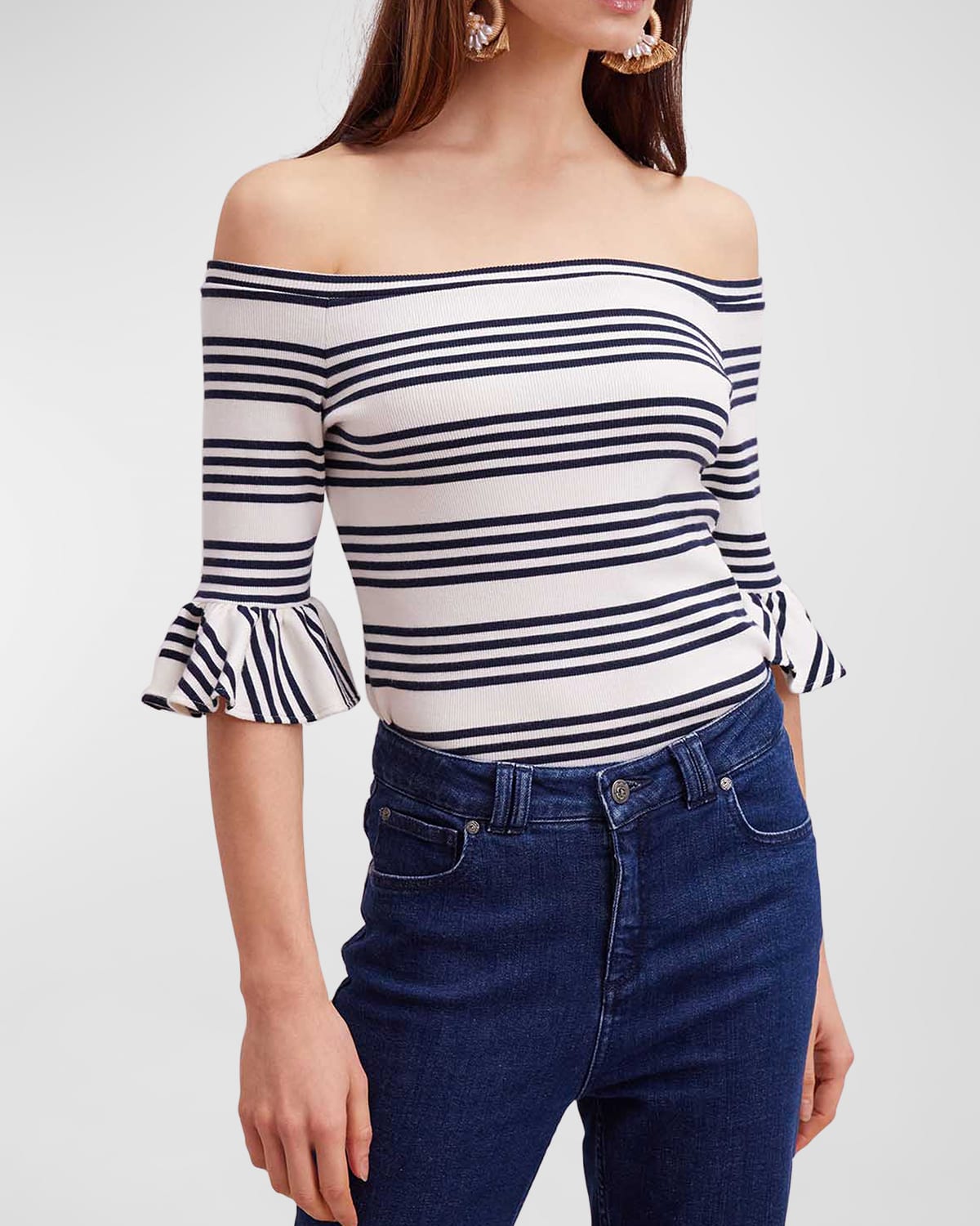 Anne Fontaine Crayon Striped Off-shoulder Bell-sleeve Sweater In White