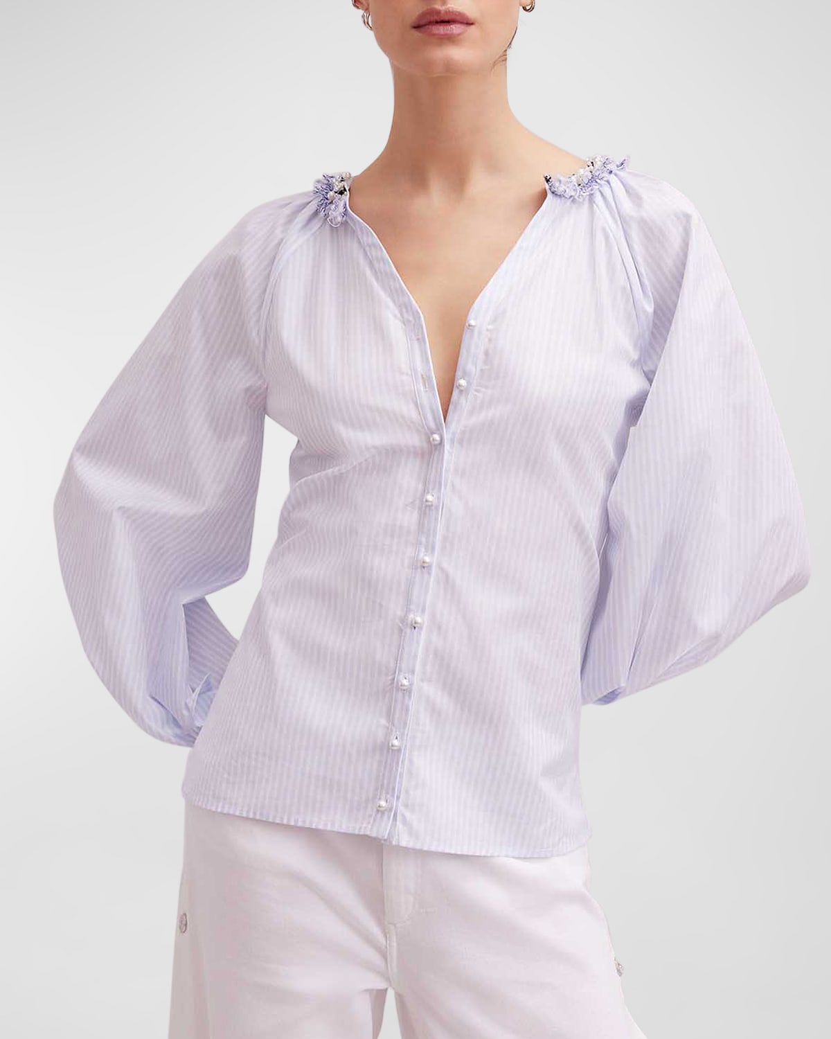 Anne Fontaine Aix Beaded Striped Balloon-sleeve Shirt In Sky Blue