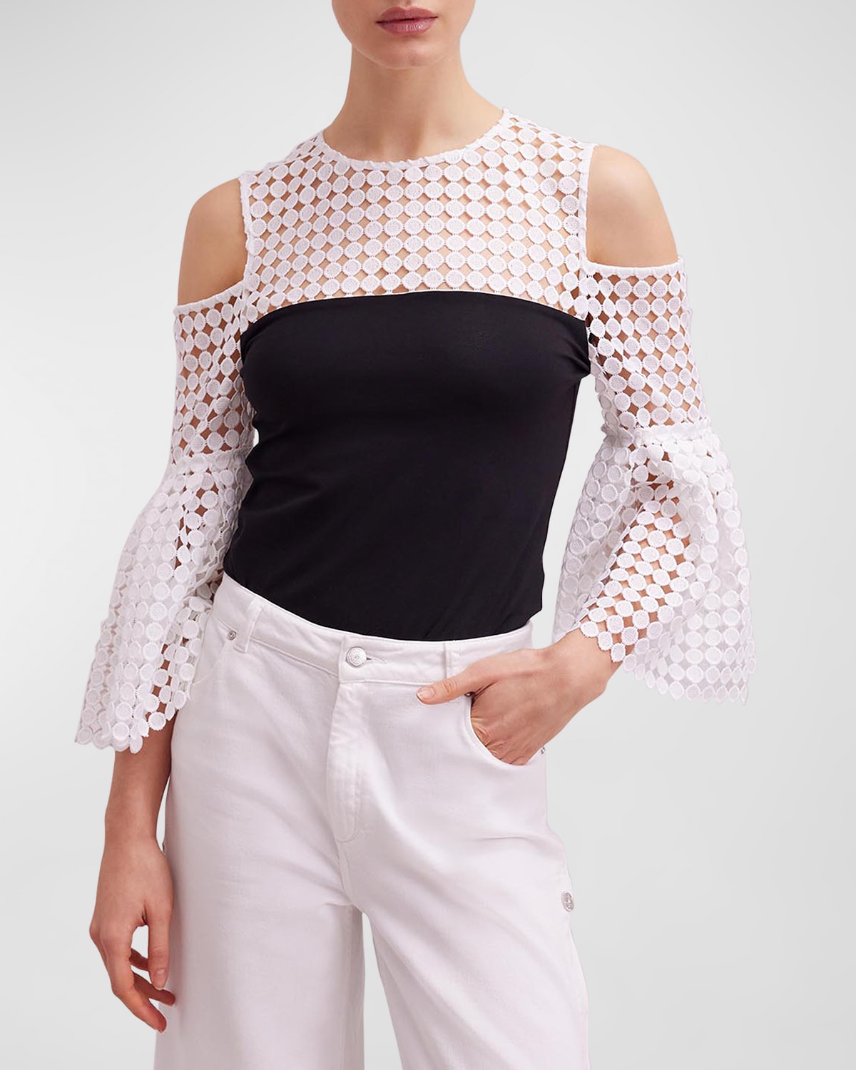 Anne Fontaine Poterie Cold-shoulder Jersey & Lace Blouse