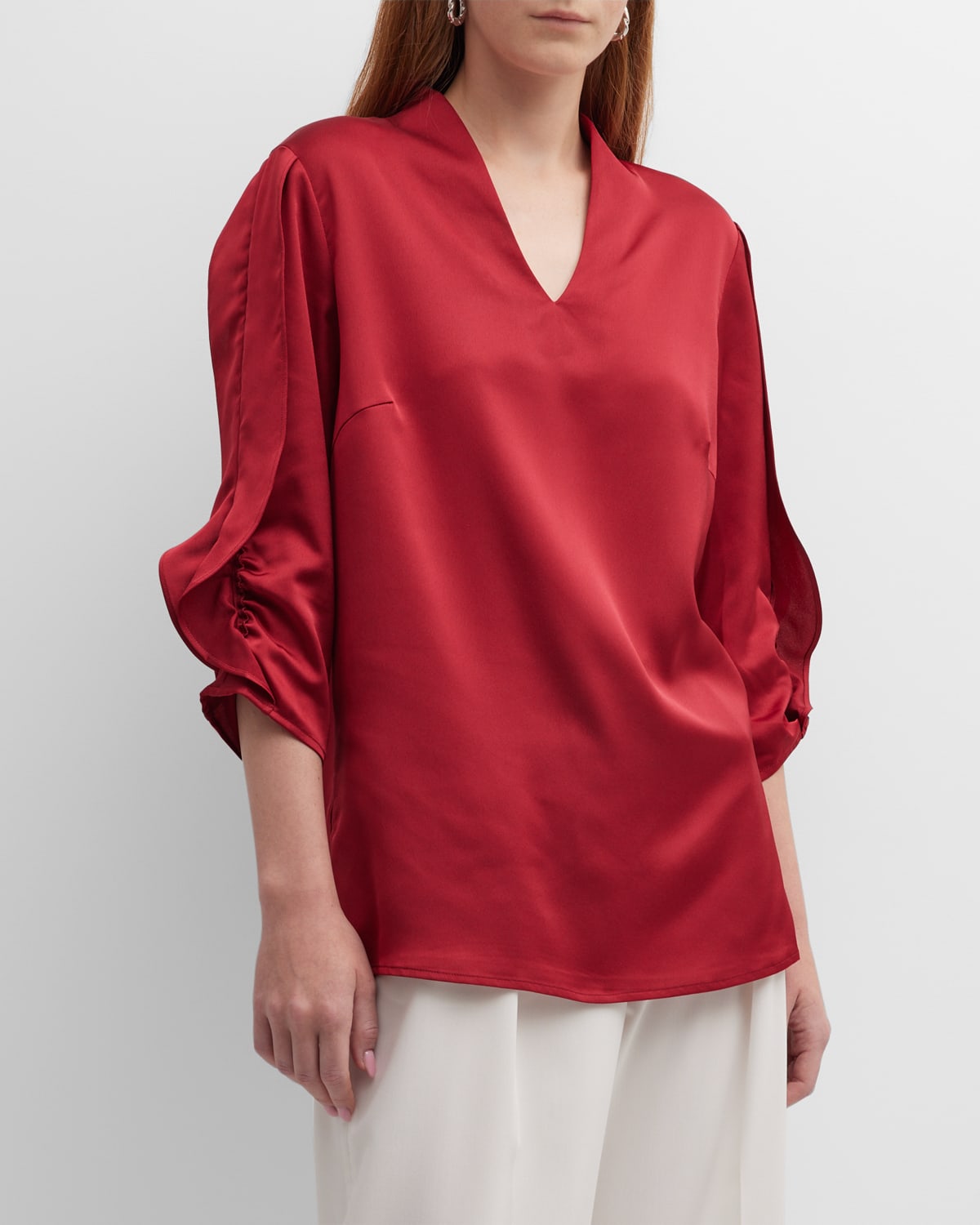 Misook Gathered Tulip Sleeve Crepe De Chine Blouse In Scarlett Red