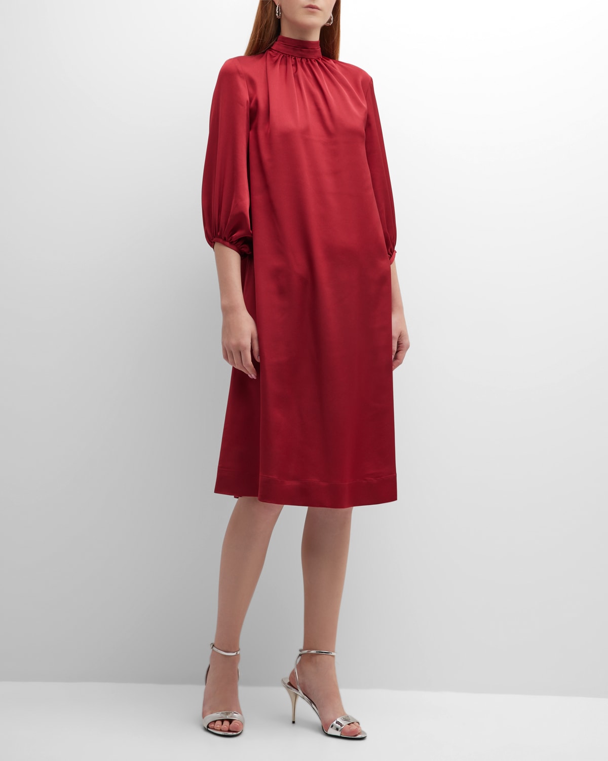 Misook Ruched Mock-neck Blouson-sleeve Midi Dress In Scarlett Red