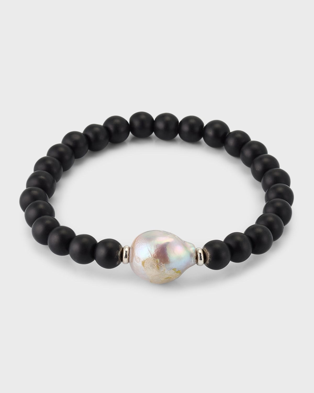 Jan Leslie Men's Black Onyx Beaded Bracelet With Pearl Center