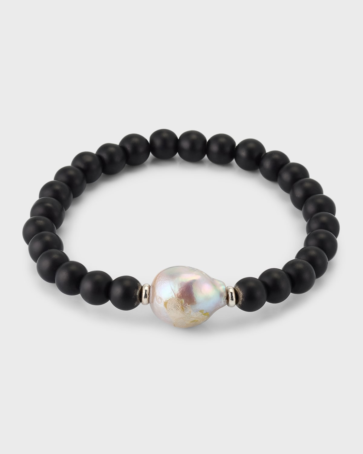 JAN LESLIE MEN'S BLACK ONYX BEADED BRACELET WITH PEARL CENTER