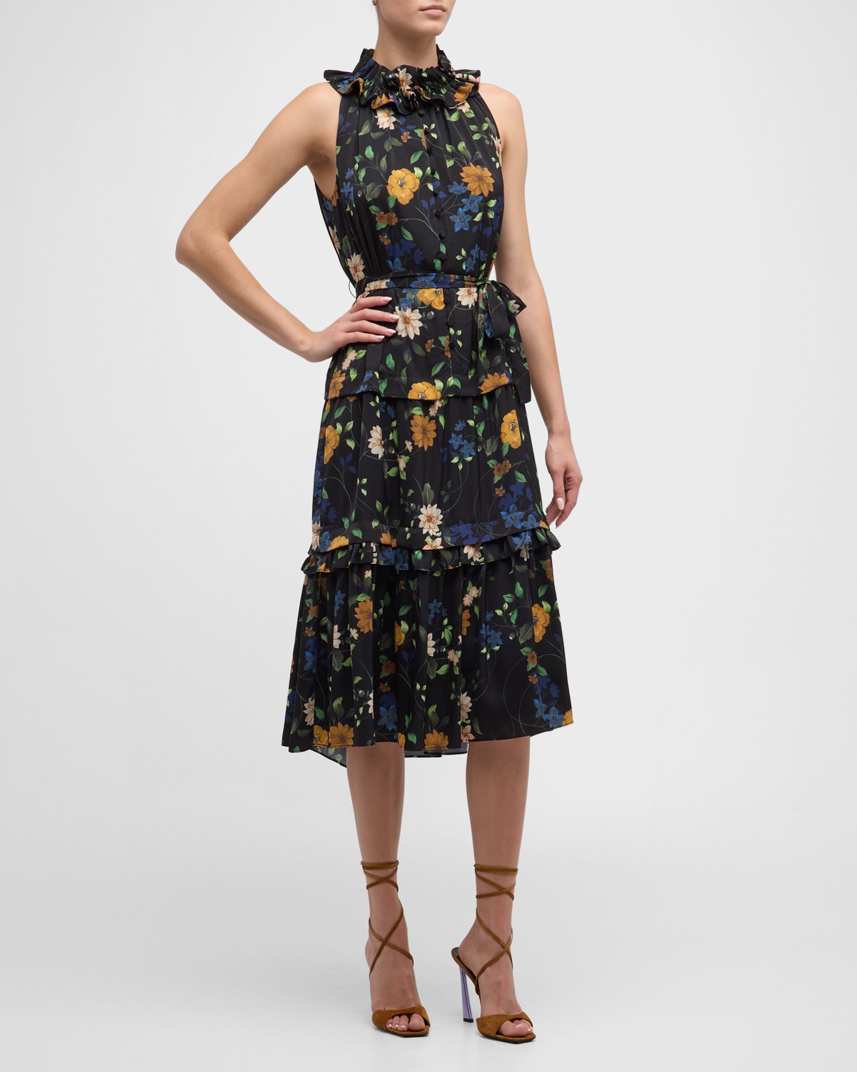 Kobi Halperin Ryan Floral Print Ruffle Tie Waist Midi Dress In Black Multi