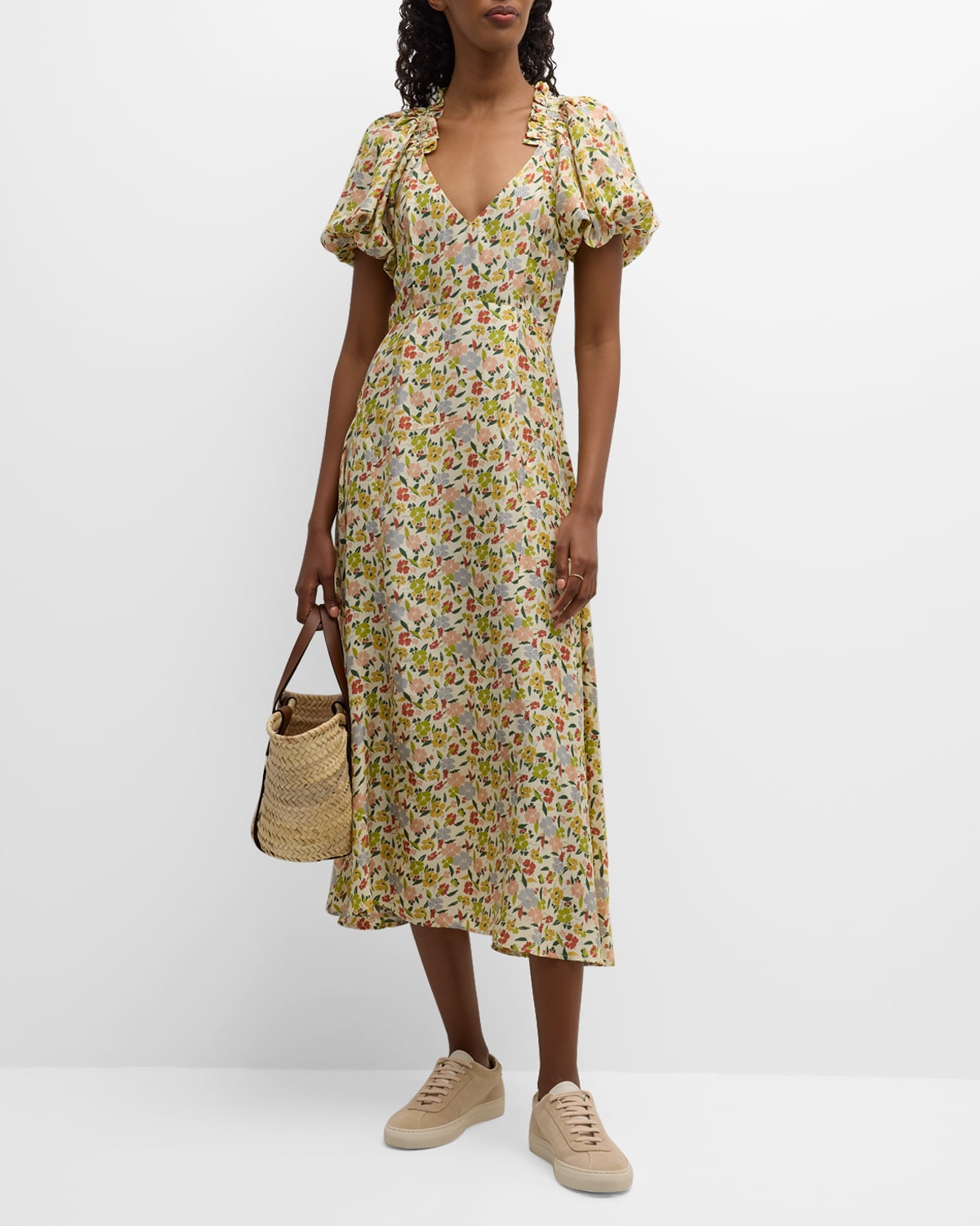The Great The Hyacinth Floral Puff-Sleeve Midi Dress