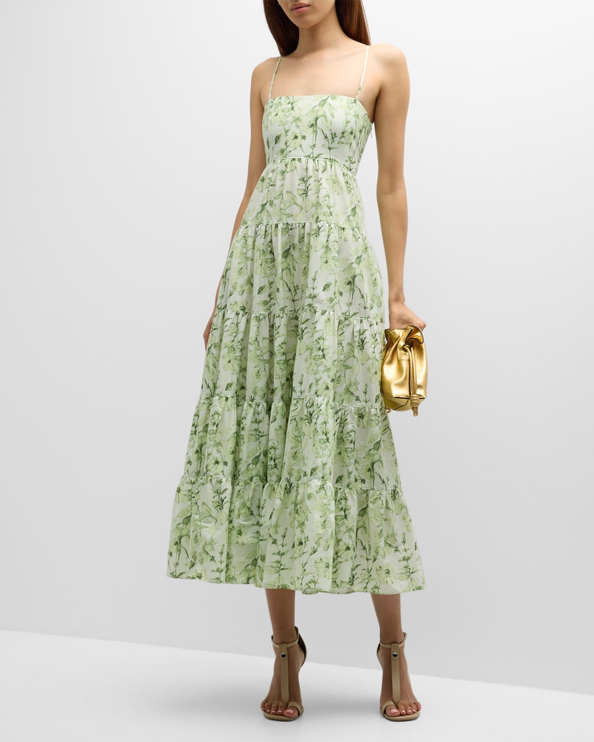 Cinq À Sept Cinq A Sept Monochromatic Floral Tiered Midi Dress In Faded Mint Multi