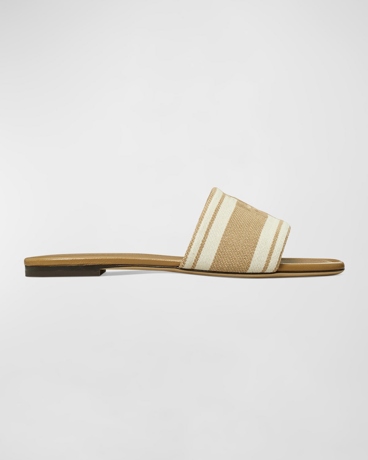 Shop Tory Burch Double T Jacquard Slide Sandals In Cammello / Ash White