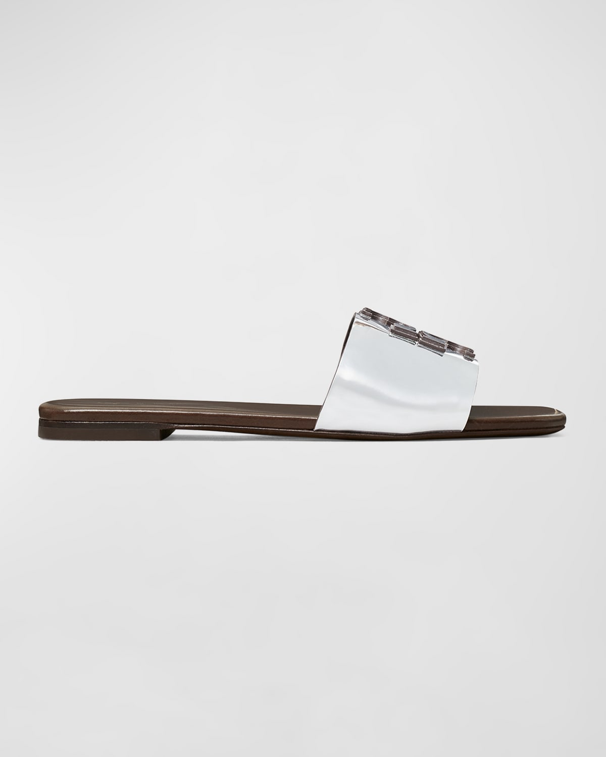 Tory Burch Double T Leather Slides In Silver Coconut