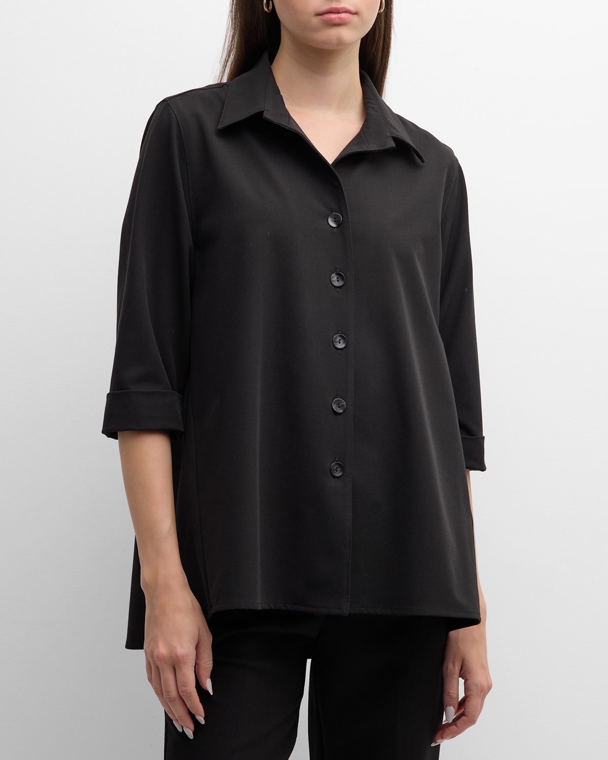 Caroline Rose 3/4-sleeve Button-down Gabardine Shirt In Black