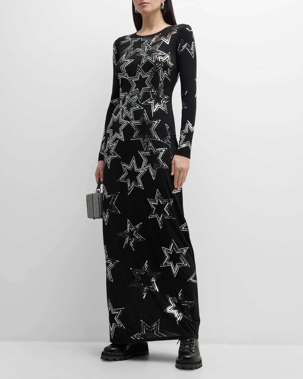 Rabanne Sequin-stars Long-sleeve Maxi Dress In P001 Black