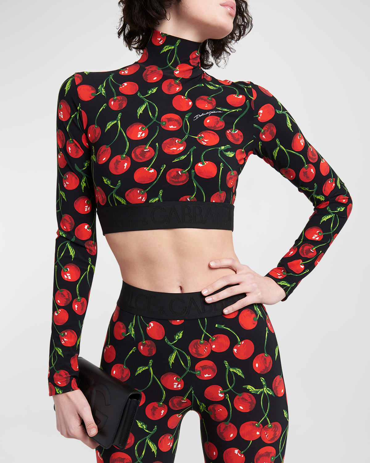 Shop Dolce & Gabbana Cherry-print Long-sleeve Crop Top In Black Prt