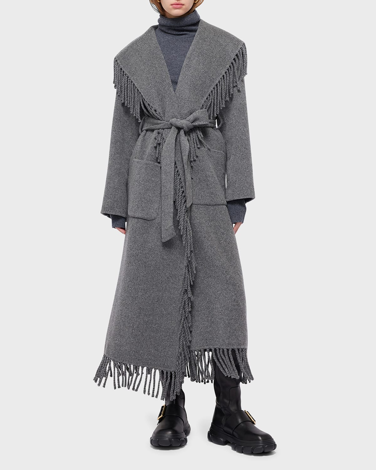 Shop Simkhai Carrie Fringed Wool-blend Robe Coat In Grey Melange