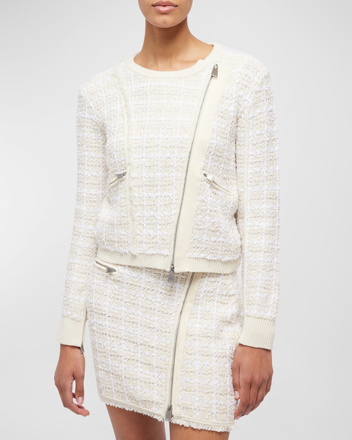 Shop Simkhai Alamdea Asymmetric Zip Boucle Jacket In White Multi