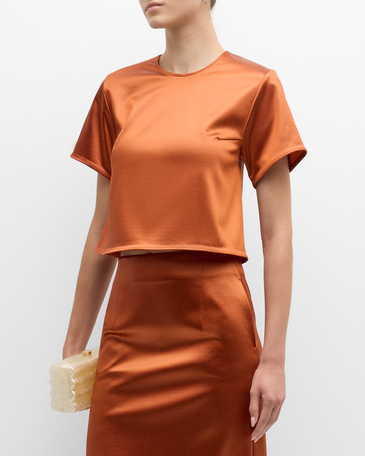 Recto Glossy Satin Short-sleeve Crop Top In Brick Brown