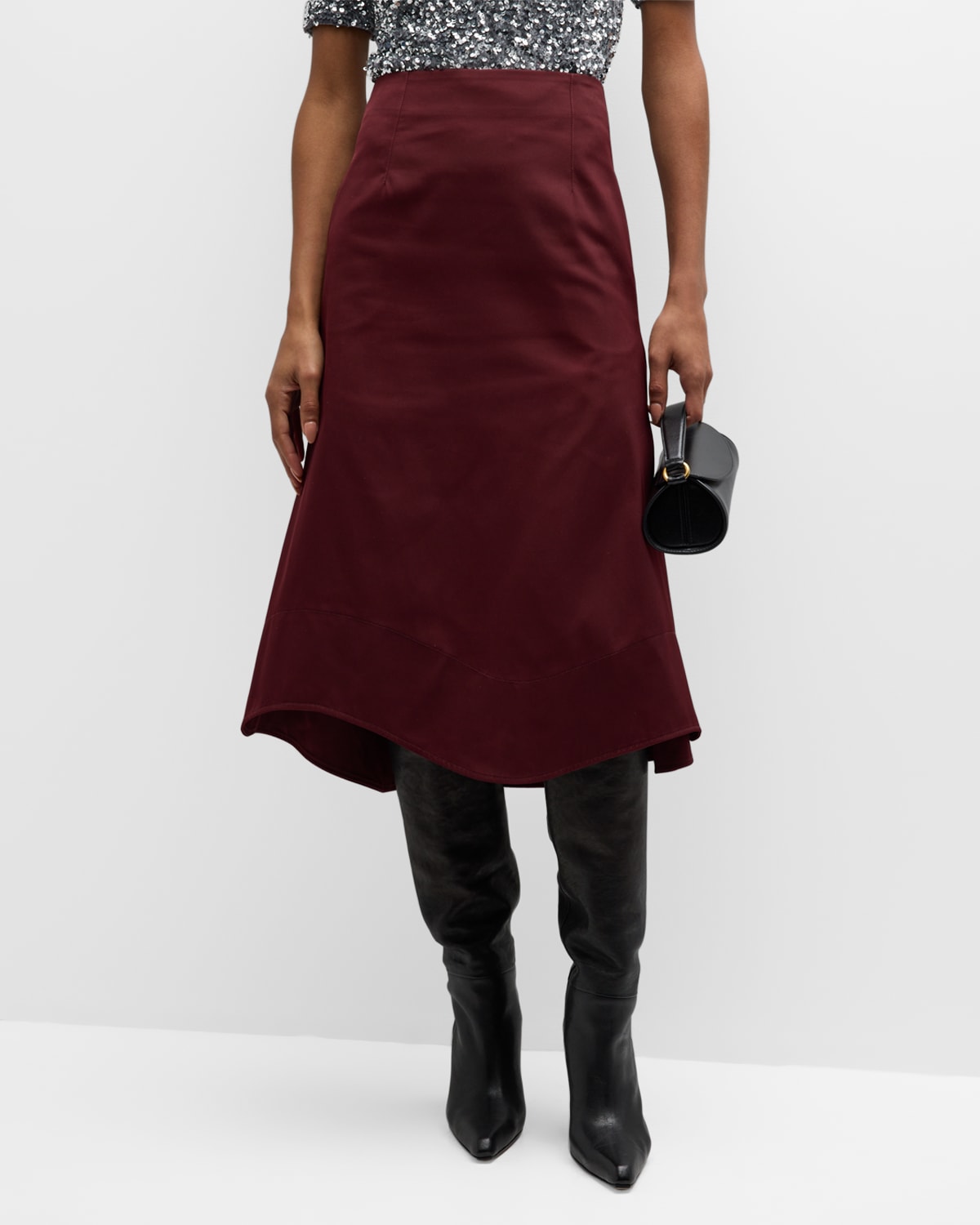 Recto Signature Grasse-twill Flared Midi Skirt In Burgundy