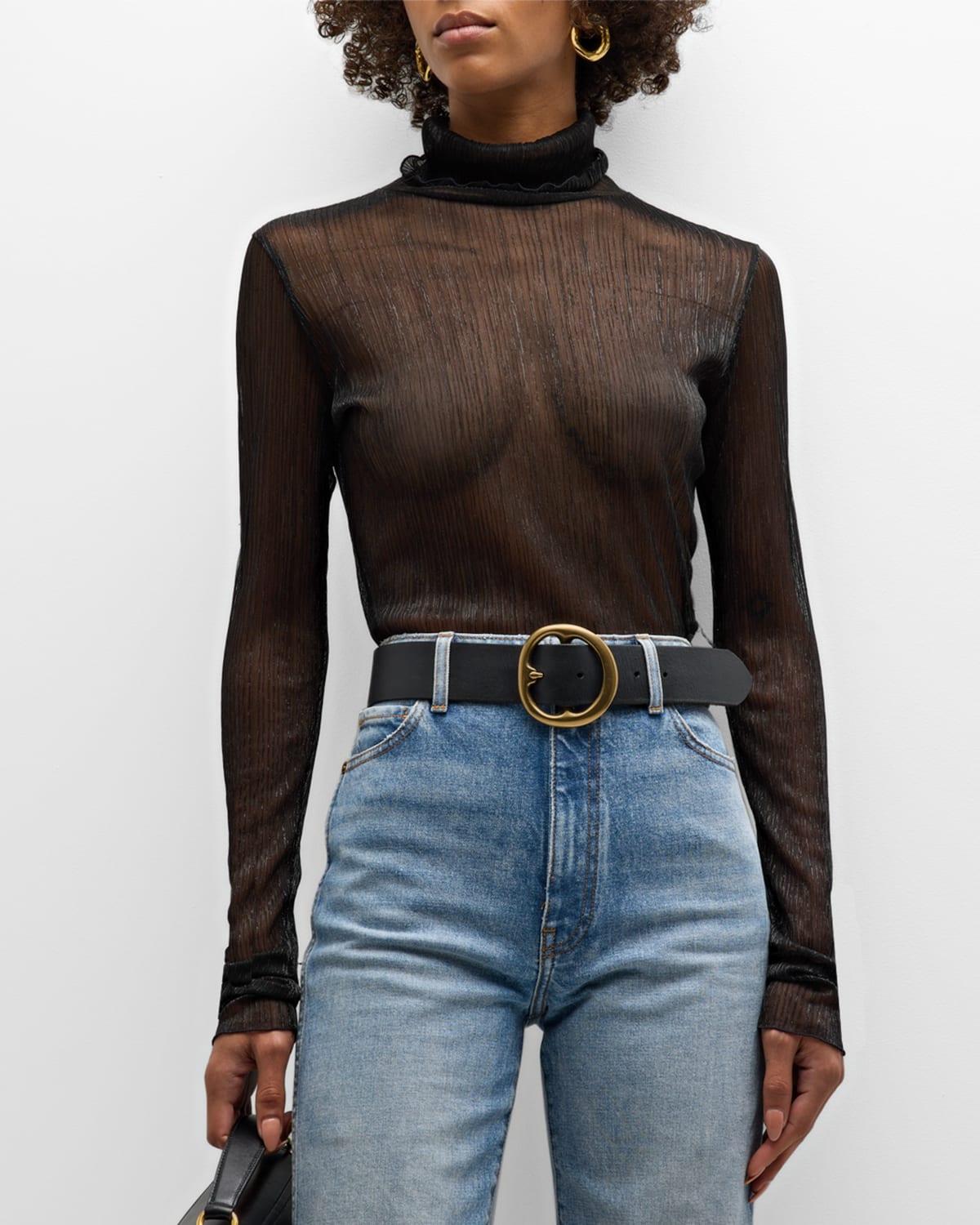 RECTO SPARKLY SHEER PLEATED TURTLENECK TOP