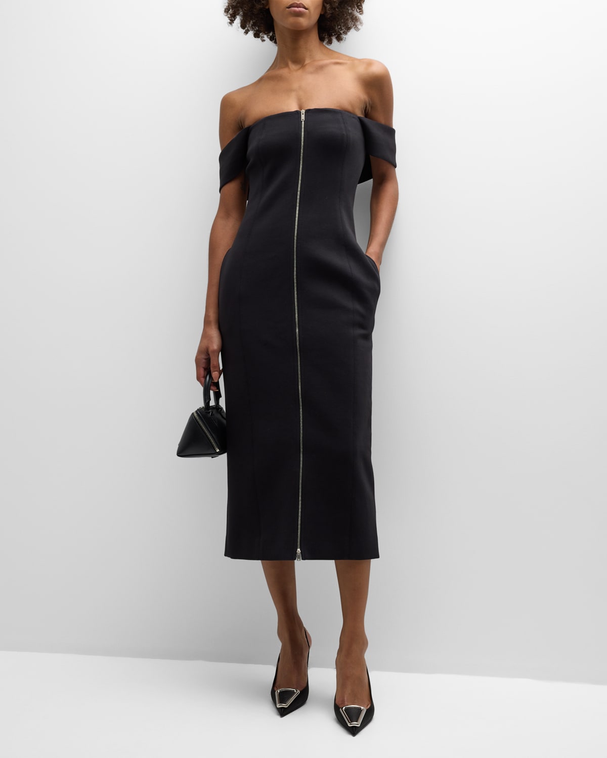 Recto Blanche Off-the-shoulder Zip-front Midi Dress In Black